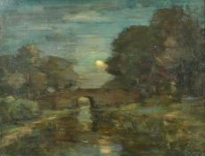 Early 20th Century, a figure on a bridge under moonlight, oil on canvas, 17