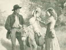 Percy Tarrant (1855-1934) A man and woman with a young girl seated on a Donkey, oil on board, 4.5