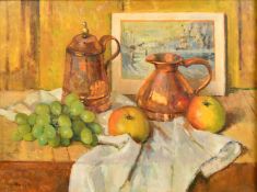 Mary Remington (1910-2003) British, 'Apples and Grapes on the Table', oil on board, signed, 15.5