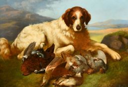 19th Century English School, A dog in a landscape with dead game, oil on canvas, 24