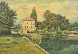 Mid-20th Century French School, a building on a river, oil on board, indistinctly signed, 15