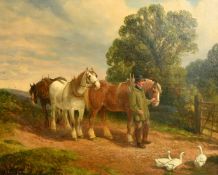 Edwin L. Meadows (19th Century) British, a farmer leading his horses to a gate, oil on canvas,