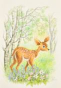 Ella Bruce (20th Century) A Fawn with Spring flowers, watercolour, signed in pencil, 10