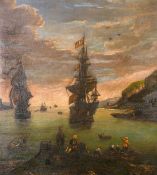 19th Century School, Tall ships in a rocky bay, with figures in Eastern costume in boats and on