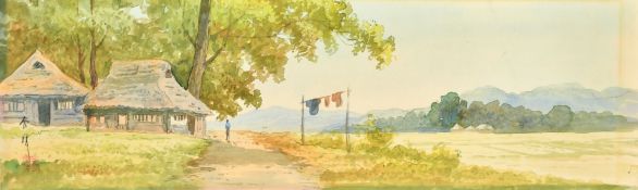 Japanese School (early 20th Century) A lady by a river and a figure on a country track,