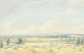 Terrance H. Lambert, 'The Harvest near Ripon', watercolour, signed, Mall Galleries label verso, 9