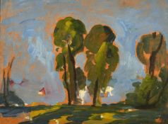John Brown, (20th Century) Trees with a blue sky beyond, oil on board, signed with initials, 9