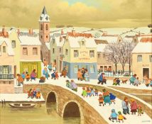 Jean Axatard (b. 1931) French, 'L' Ecole', children crossing a stone bridge, oil on canvas,