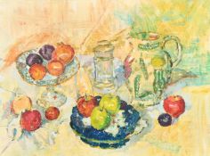 20th Century Colourist School, a still life of objects and fruit, oil on canvas, 18