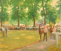 Charles Church (b. 1971) British, grooms leading racehorses through a paddock, oil on canvas,