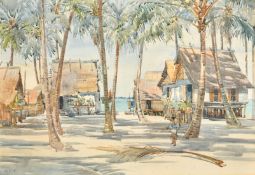 Mid-20th Century, Japanese/Southeast Asian, Beach scene with huts and Palm trees, watercolour,