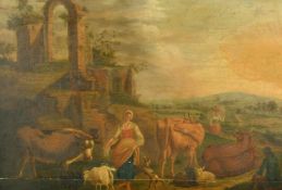 19th Century Continental School, female figures and livestock in an Arcadian landscape, oil on oak