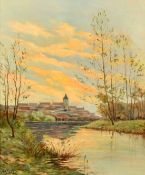 A. Cochin, French School, circa 1908, a riverbank view of a distant town at dusk, oil on canvas,