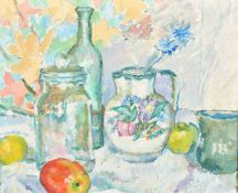 20th Century Colourist School, a still life of mixed objects on a table, oil on canvas, 10