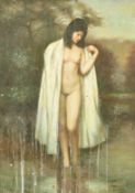 Jiang Song, 20th Century Chinese School, a study of a female nude standing in water, oil on