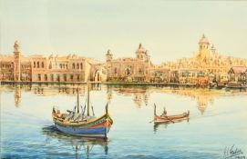 Edwin Galea (b. 1934) Maltese, 'Vittoriosa - Grand Canal', watercolour, inscribed in pencil,