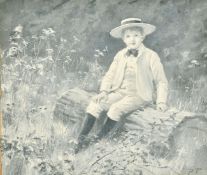 Percy Tarrant (1855-1934) A young boy seated on a log, oil on board, initialled, 5.25
