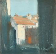 20th Century School, a study of rooftops in sunlight, oil on board, indistinctly signed with