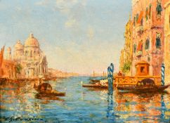Charles Cousin, Gondolas and other shipping in Venice, oils on panel, both signed, 6.25