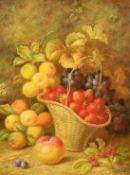 R. Casper (20th Century) A still life of strawberries in a basket, apples, grapes, a peach and