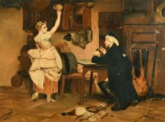 V. Bateman (19th Century) An interior kitchen scene with a seated man at a table and a woman