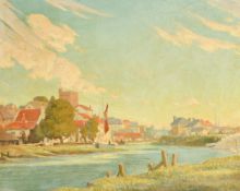 George Keith de Blois Middlecoat (1890-1959) A river running through a hamlet with a moored