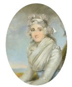 19th Century French School, a study of a lady in a white dress with a blue sash, pastel, 13