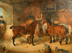 Circle of Herring, a gentleman waiting at the door of a blacksmith's workshop, signed with