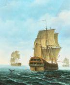 20th Century, Three Man-of-War and men in a rowing boat following a whale's flukes, oil on canvas