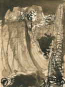 Circle of Graham Sutherland, View of a steep gorge with a lake, black ink and wash, 9.25