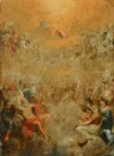 An old master painting of figures gathered beneath angels revealing themselves from the sky, also