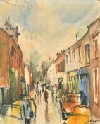 Leonard Kenneth Bennetts, A street scene on a rainy day, with another sketch verso, oil on canvas,