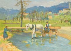 Attributed to Violet Dunn-Gardner (1862-1946), a Continental view of a horse and cart crossing a