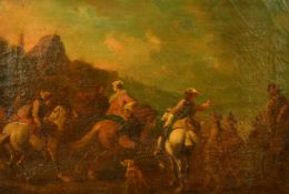 18th Century Continental School, figures on horses preparing for battle, oil on canvas, inscribed on