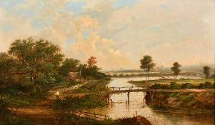 Attributed to Walter Williams (1834-1906) British, a wayfarer approaching a cottage by a river,