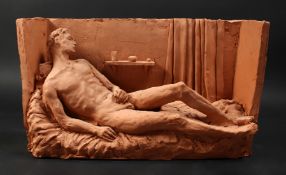 Paul Day (b. 1967), a reclining male nude with objects on a shelf, terracotta, signed and dated