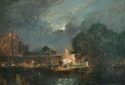 Gaston Roulet (1847-1925) France, figures loading a boat by moonlight, possibly Venice, oil on