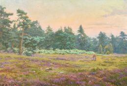 Charles Ernest Butler (1814-1933) British, figures in a field of heather at dusk, oil on board,