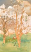 Gerturde Hadenfeldt (1885-1975), an Indian scene of figures sitting beneath trees in blossom,