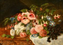 English School, circa 1894, A still life of mixed flowers, grapes and a butterfly, oil on canvas,