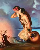 Indian School, 20th Century, a scene of two figures kneeling on a beach, oil on board, signed, 22