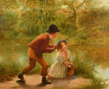 William Helmsley (1819-1906) British, children angling on the banks of a river, oil on canvas,