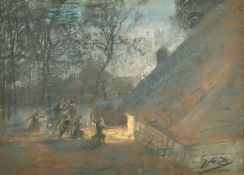 Gustave Den Duyts (1850-1897) Belgian, figures gathered around a fire, pastel, signed, 9