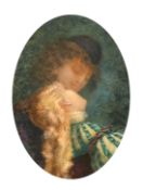 French School, circa 1882, a scene of a couple in embrace, watercolour, signed Jeanne Madeleine,