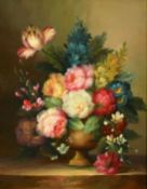 C. Lane, (20th Century) A pair of still life paintings of mixed flowers in vases on ledges, oil on