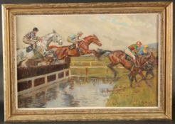 Peter Biegel (1913-1988) British, 'The Water Jump, Mackeson Gold Cup, Cheltenham, 1964', oil on