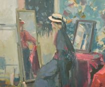 Tom Coates (b. 1941), a lady looking in the mirror, oil on board, signed with initials, 10.5