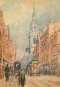 A.R. Collis, circa 1895, figures and a church on a busy London street, watercolour, signed with