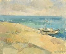 Russian School (first half 20th Century) Fishing boats tied up on a beach, oil on paper laid onto
