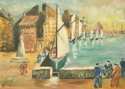Le Broussos, 20th Century French School, figures gathered in a port, oil on board, signed, 13